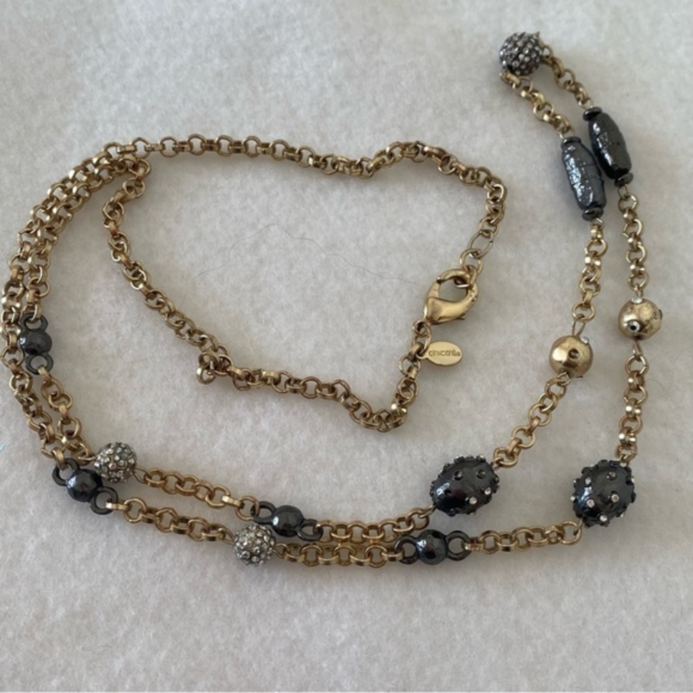 Chico’s gold and silver crystal pearl beaded station long chain necklace…